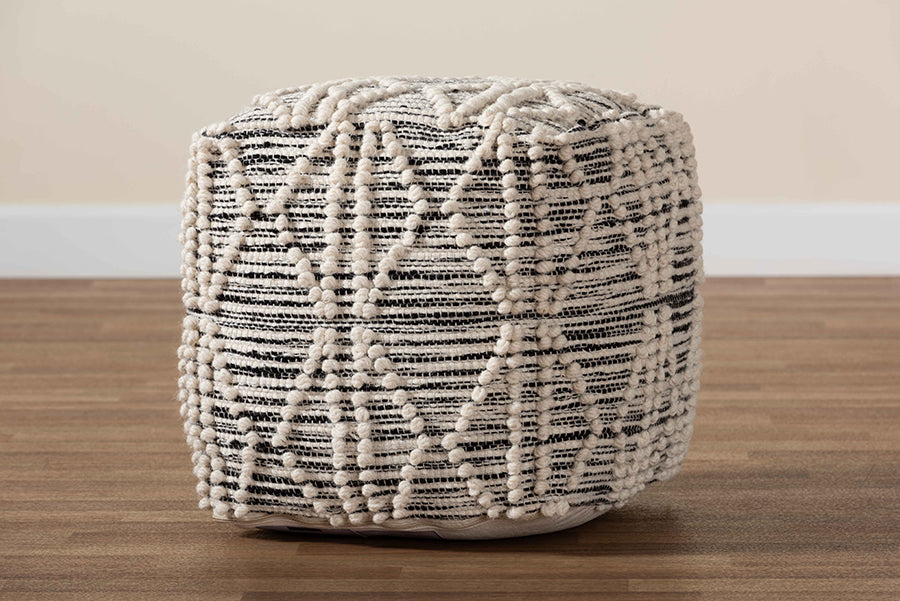 Baxton Studio Sentir Modern and Contemporary Moroccan Inspired Ivory and Black Handwoven Wool Blend Pouf Ottoman