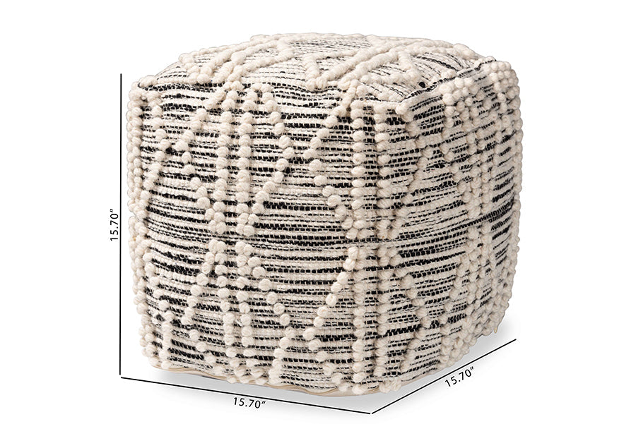 Baxton Studio Sentir Modern and Contemporary Moroccan Inspired Ivory and Black Handwoven Wool Blend Pouf Ottoman