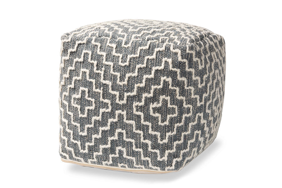 Baxton Studio Benjamin Modern and Contemporary Bohemian Grey and Ivory Handwoven Cotton Blend Pouf Ottoman