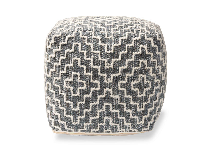 Baxton Studio Benjamin Modern and Contemporary Bohemian Grey and Ivory Handwoven Cotton Blend Pouf Ottoman