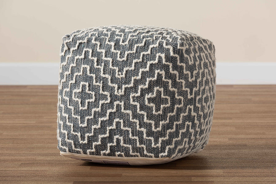 Baxton Studio Benjamin Modern and Contemporary Bohemian Grey and Ivory Handwoven Cotton Blend Pouf Ottoman