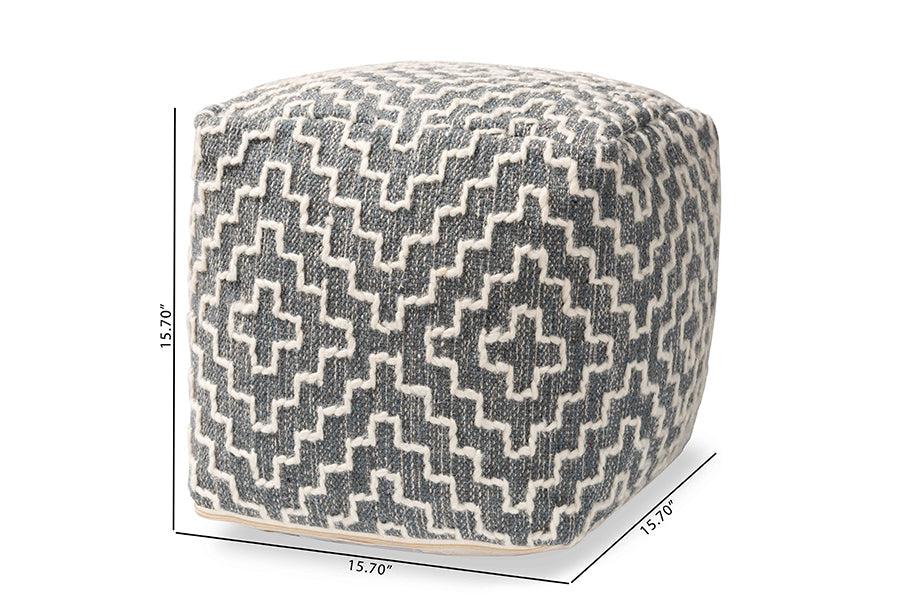 Baxton Studio Benjamin Modern and Contemporary Bohemian Grey and Ivory Handwoven Cotton Blend Pouf Ottoman