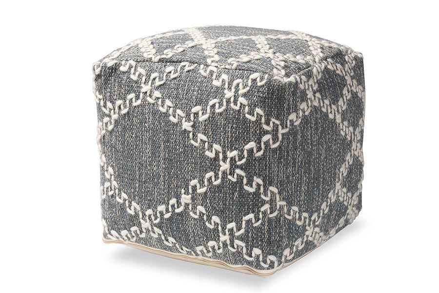 Baxton Studio Geyne Modern and Contemporary Bohemian Grey and Ivory Handwoven Cotton Blend Pouf Ottoman