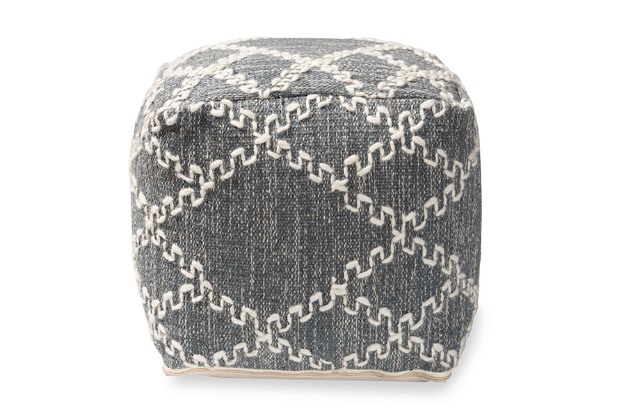 Baxton Studio Geyne Modern and Contemporary Bohemian Grey and Ivory Handwoven Cotton Blend Pouf Ottoman