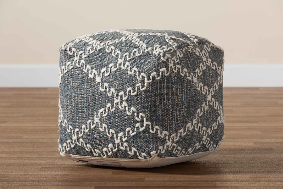 Baxton Studio Geyne Modern and Contemporary Bohemian Grey and Ivory Handwoven Cotton Blend Pouf Ottoman