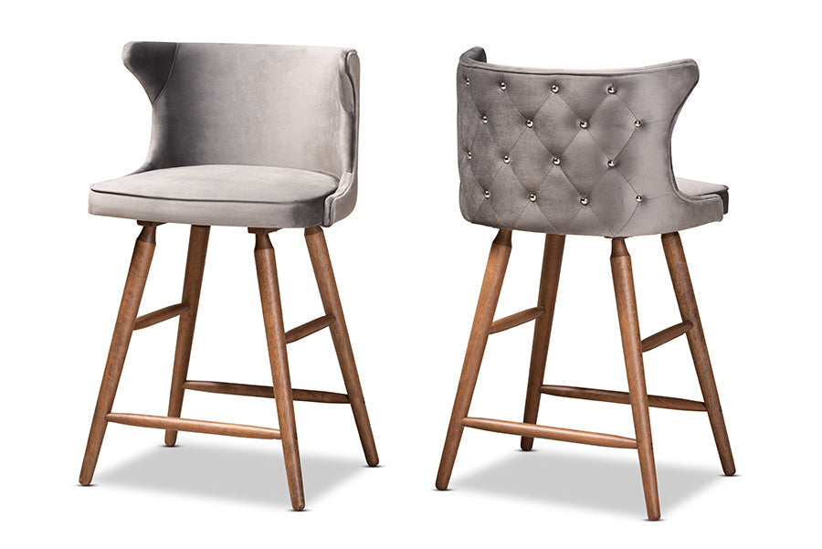 Baxton Studio Sagira Modern and Contemporary Transitional Grey Velvet Fabric Upholstered and Walnut Brown Finished Wood 2-Piece Counter Stool Set