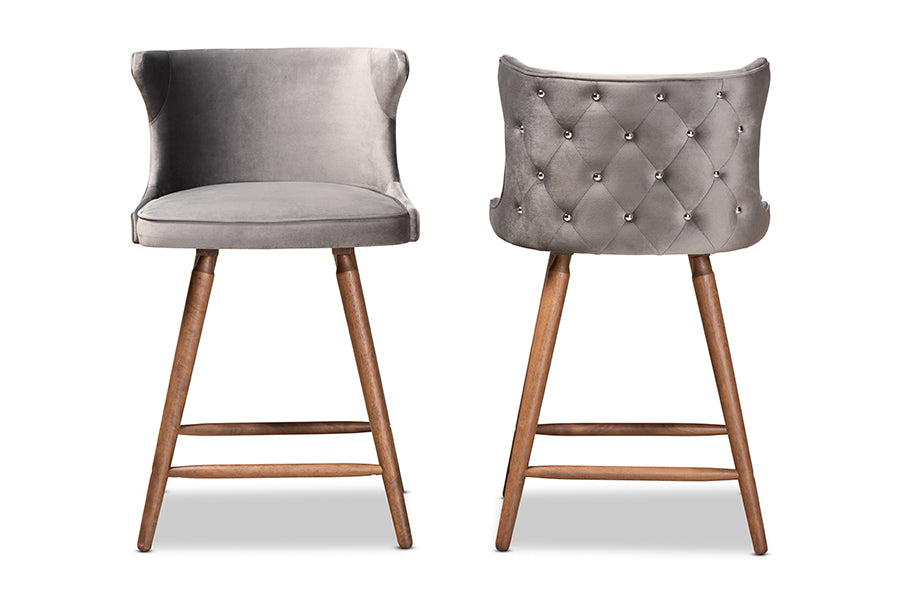 Baxton Studio Sagira Modern and Contemporary Transitional Grey Velvet Fabric Upholstered and Walnut Brown Finished Wood 2-Piece Counter Stool Set
