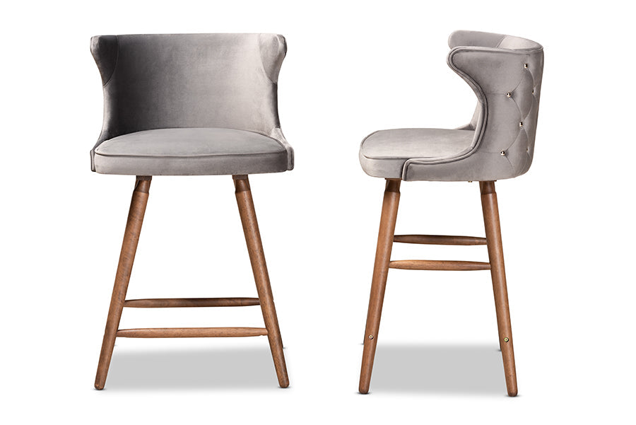 Baxton Studio Sagira Modern and Contemporary Transitional Grey Velvet Fabric Upholstered and Walnut Brown Finished Wood 2-Piece Counter Stool Set