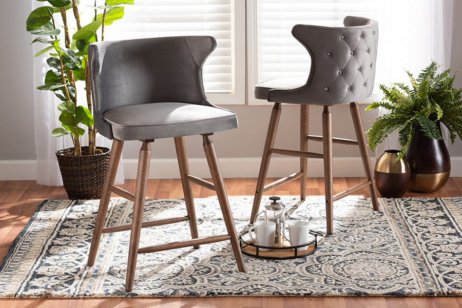 Baxton Studio Sagira Modern and Contemporary Transitional Grey Velvet Fabric Upholstered and Walnut Brown Finished Wood 2-Piece Counter Stool Set