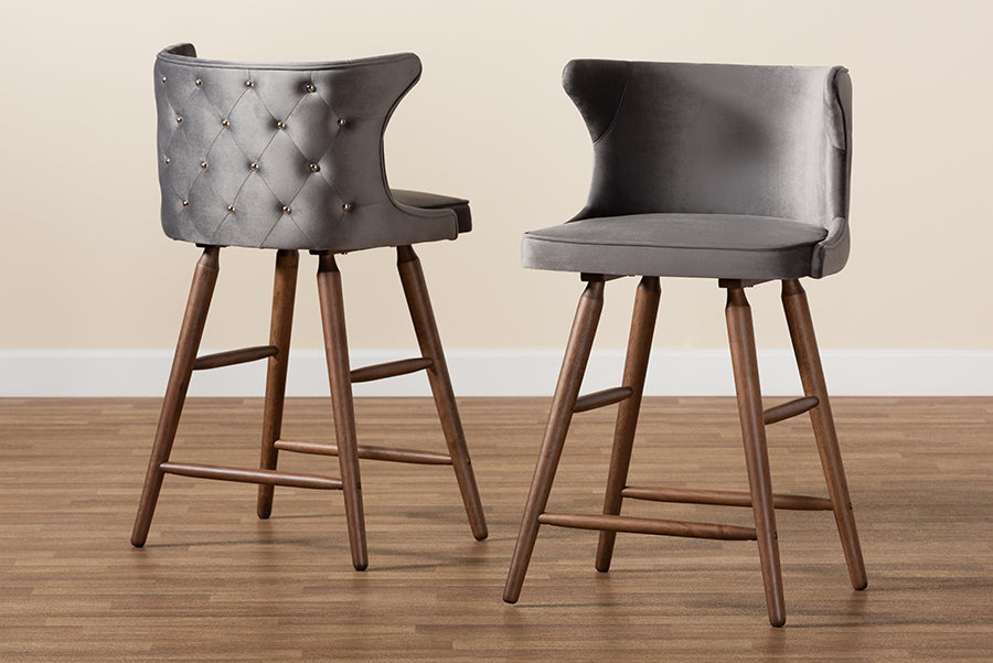 Baxton Studio Sagira Modern and Contemporary Transitional Grey Velvet Fabric Upholstered and Walnut Brown Finished Wood 2-Piece Counter Stool Set