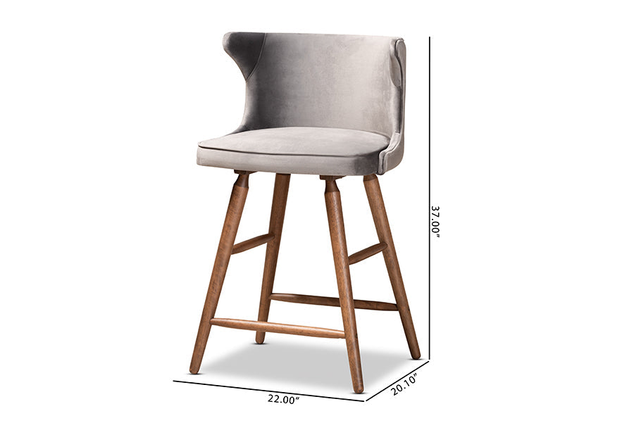 Baxton Studio Sagira Modern and Contemporary Transitional Grey Velvet Fabric Upholstered and Walnut Brown Finished Wood 2-Piece Counter Stool Set