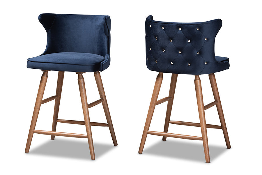 Baxton Studio Sagira Modern and Contemporary Transitional Navy Blue Velvet Fabric Upholstered and Walnut Brown Finished Wood 2-Piece Counter Stool Set
