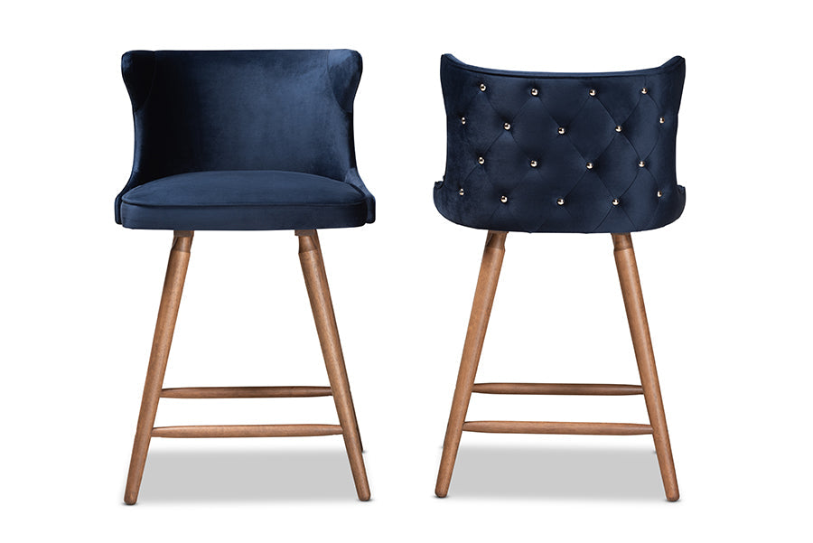 Baxton Studio Sagira Modern and Contemporary Transitional Navy Blue Velvet Fabric Upholstered and Walnut Brown Finished Wood 2-Piece Counter Stool Set