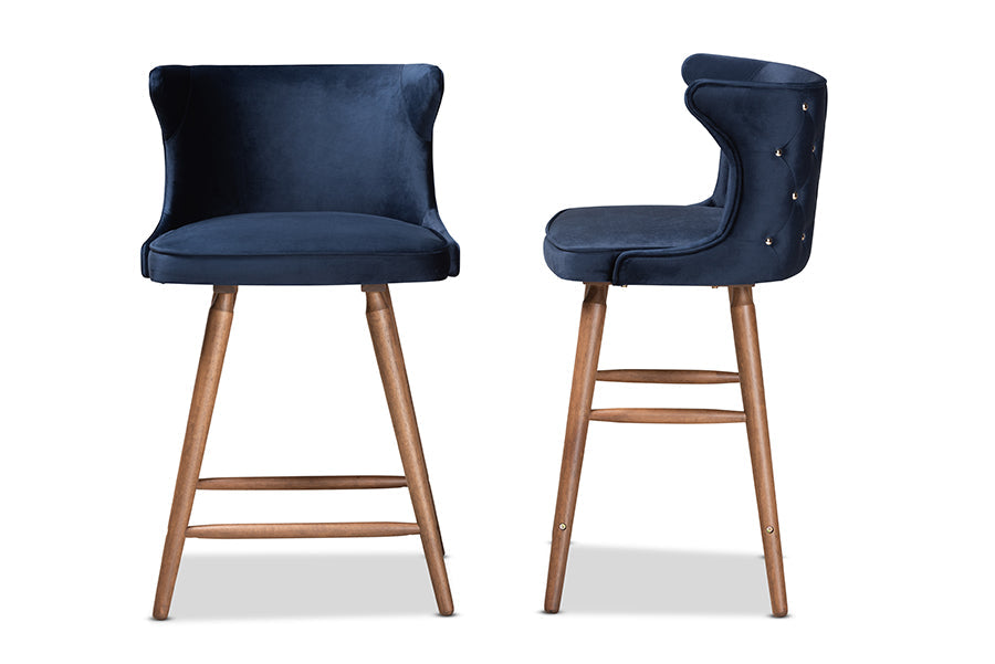 Baxton Studio Sagira Modern and Contemporary Transitional Navy Blue Velvet Fabric Upholstered and Walnut Brown Finished Wood 2-Piece Counter Stool Set