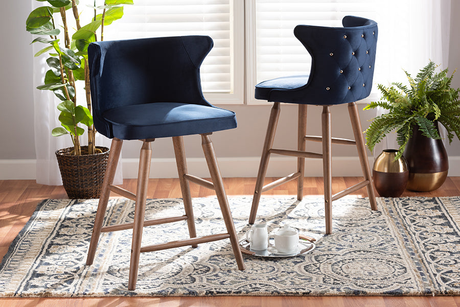 Baxton Studio Sagira Modern and Contemporary Transitional Navy Blue Velvet Fabric Upholstered and Walnut Brown Finished Wood 2-Piece Counter Stool Set