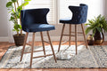 Baxton Studio Sagira Modern and Contemporary Transitional Navy Blue Velvet Fabric Upholstered and Walnut Brown Finished Wood 2-Piece Counter Stool Set