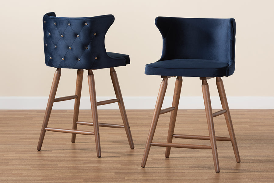 Baxton Studio Sagira Modern and Contemporary Transitional Navy Blue Velvet Fabric Upholstered and Walnut Brown Finished Wood 2-Piece Counter Stool Set