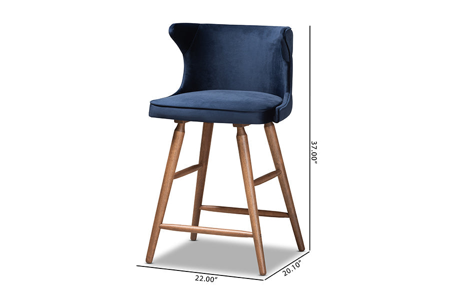 Baxton Studio Sagira Modern and Contemporary Transitional Navy Blue Velvet Fabric Upholstered and Walnut Brown Finished Wood 2-Piece Counter Stool Set