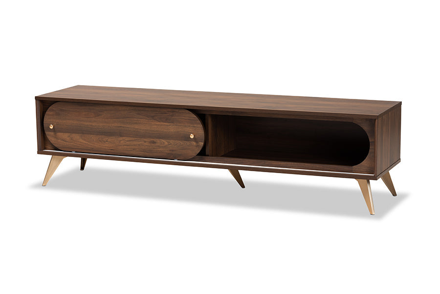 Baxton Studio Dena Mid-Century Modern Walnut Brown Wood and Gold Finished TV Stand