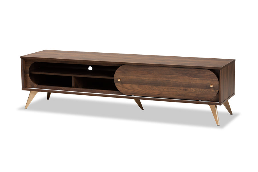 Baxton Studio Dena Mid-Century Modern Walnut Brown Wood and Gold Finished TV Stand