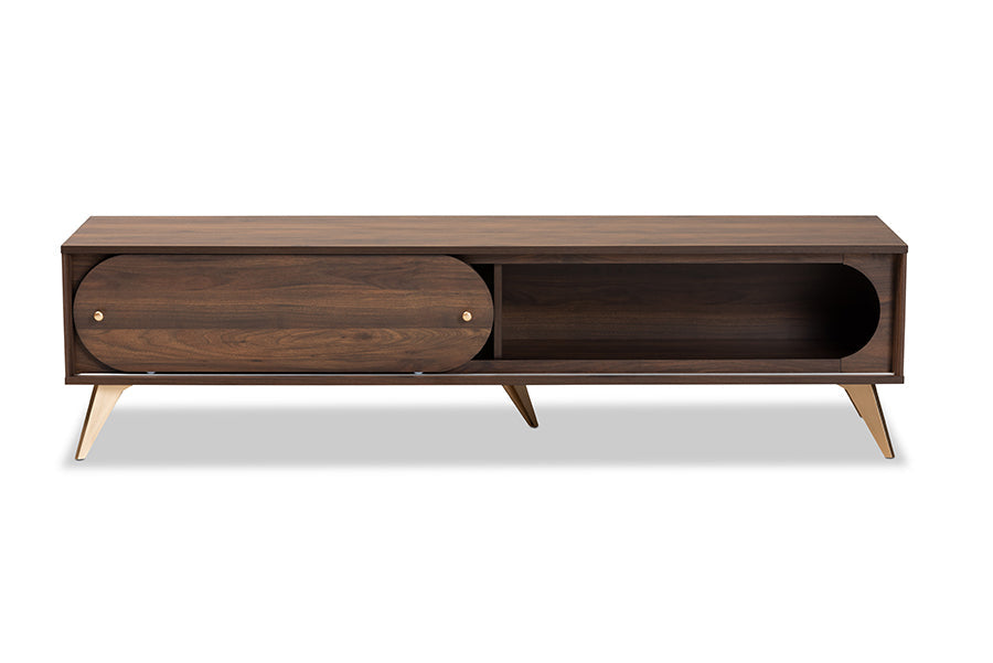 Baxton Studio Dena Mid-Century Modern Walnut Brown Wood and Gold Finished TV Stand