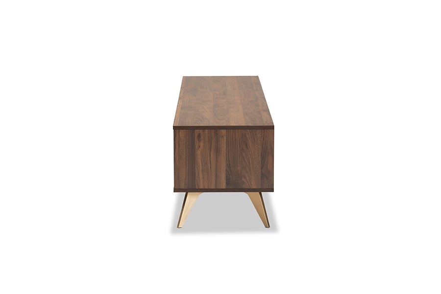 Baxton Studio Dena Mid-Century Modern Walnut Brown Wood and Gold Finished TV Stand