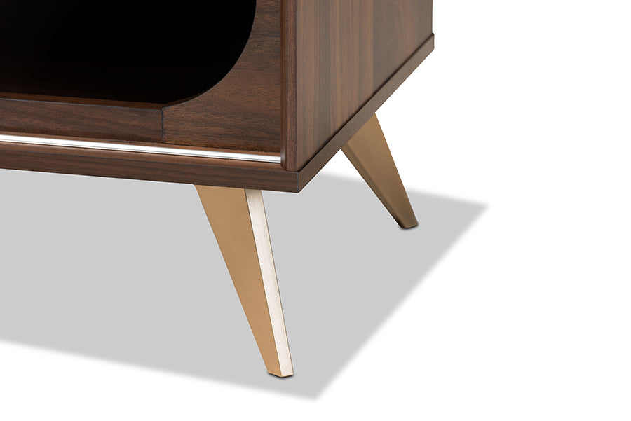 Baxton Studio Dena Mid-Century Modern Walnut Brown Wood and Gold Finished TV Stand