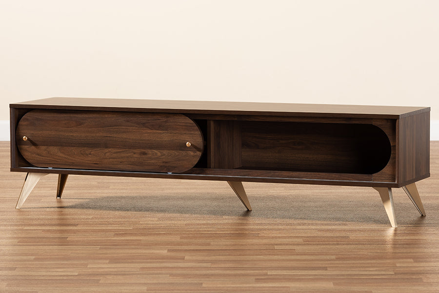 Baxton Studio Dena Mid-Century Modern Walnut Brown Wood and Gold Finished TV Stand