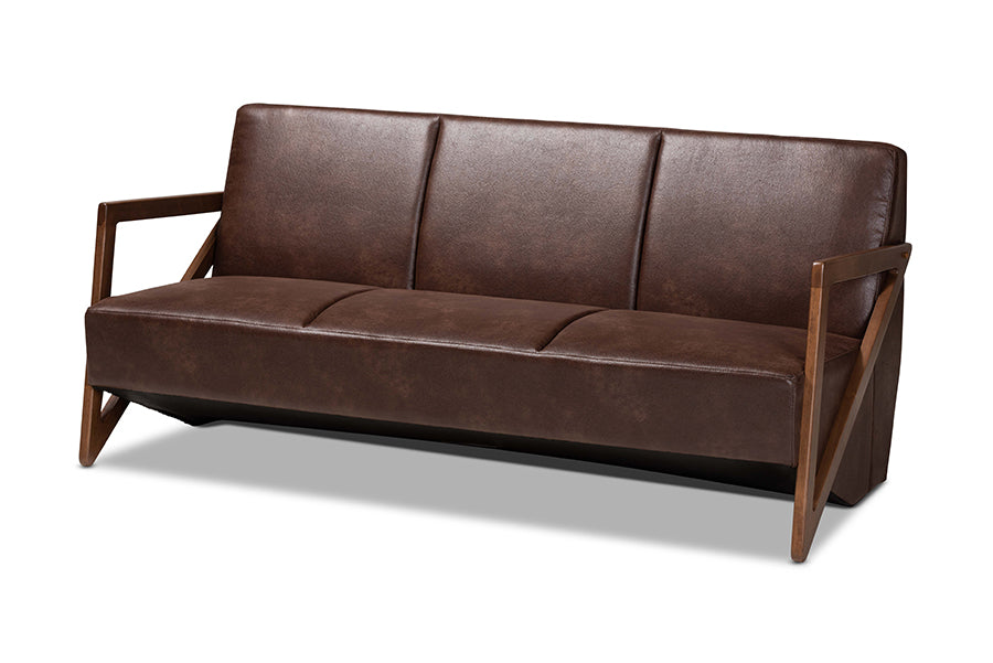 Baxton Studio Christa Mid-Century Modern Transitional Dark Brown Faux Leather Effect Fabric Upholstered and Walnut Brown Finished Wood Sofa