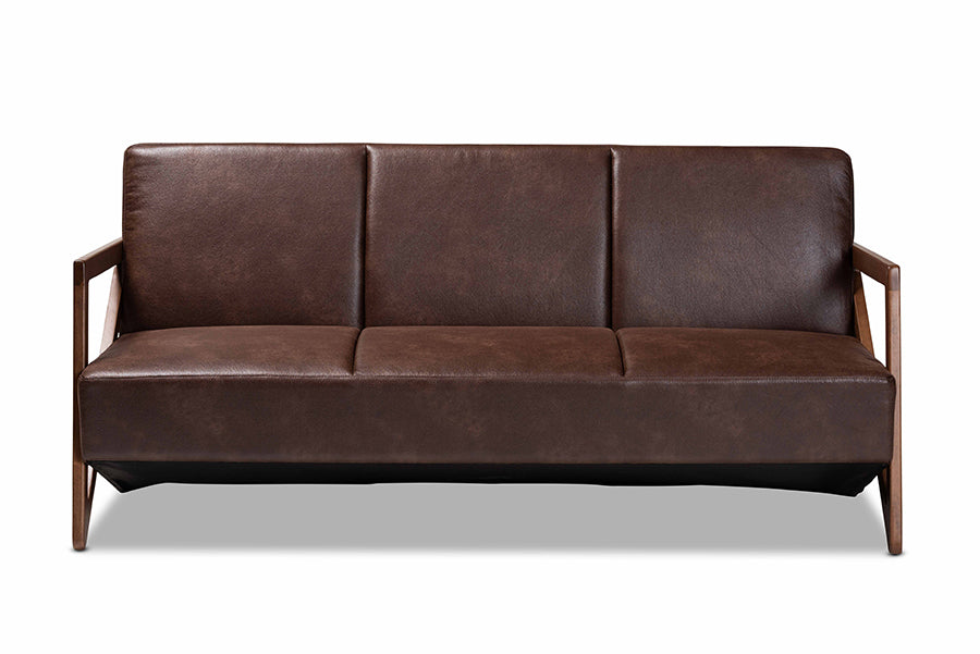 Baxton Studio Christa Mid-Century Modern Transitional Dark Brown Faux Leather Effect Fabric Upholstered and Walnut Brown Finished Wood Sofa