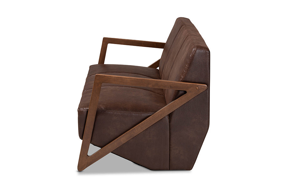Baxton Studio Christa Mid-Century Modern Transitional Dark Brown Faux Leather Effect Fabric Upholstered and Walnut Brown Finished Wood Sofa