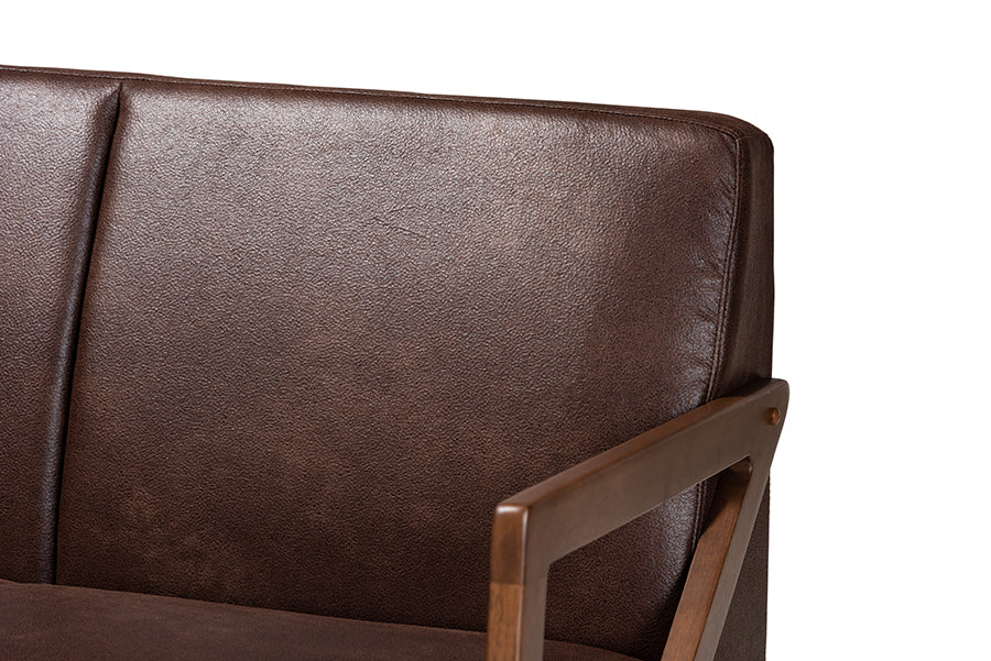 Baxton Studio Christa Mid-Century Modern Transitional Dark Brown Faux Leather Effect Fabric Upholstered and Walnut Brown Finished Wood Sofa