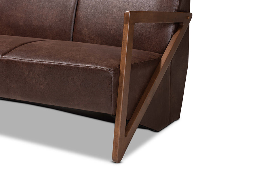 Baxton Studio Christa Mid-Century Modern Transitional Dark Brown Faux Leather Effect Fabric Upholstered and Walnut Brown Finished Wood Sofa