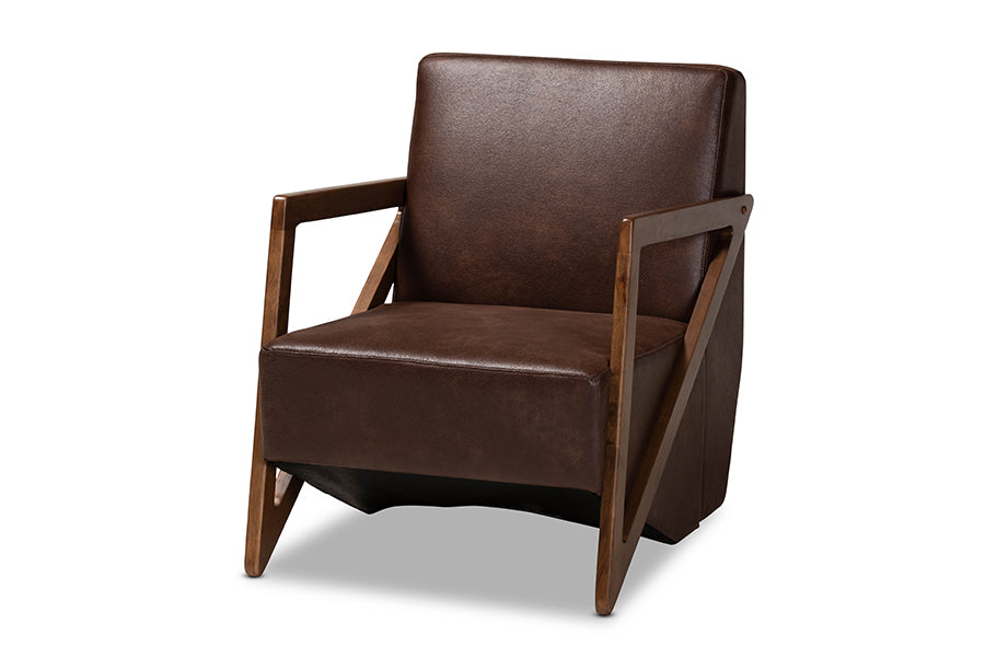 Baxton Studio Christa Mid-Century Modern Transitional Dark Brown Faux Leather Effect Fabric Upholstered and Walnut Brown Finished Wood Accent Chair