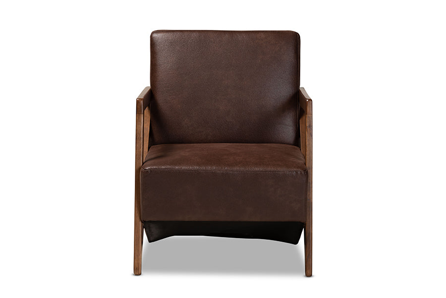 Baxton Studio Christa Mid-Century Modern Transitional Dark Brown Faux Leather Effect Fabric Upholstered and Walnut Brown Finished Wood Accent Chair