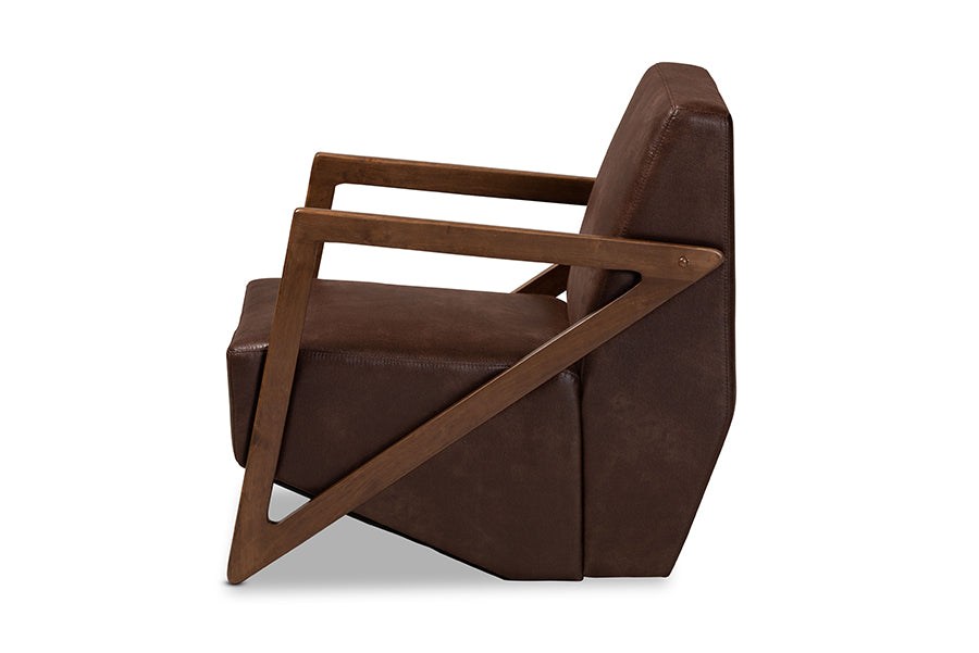 Baxton Studio Christa Mid-Century Modern Transitional Dark Brown Faux Leather Effect Fabric Upholstered and Walnut Brown Finished Wood Accent Chair