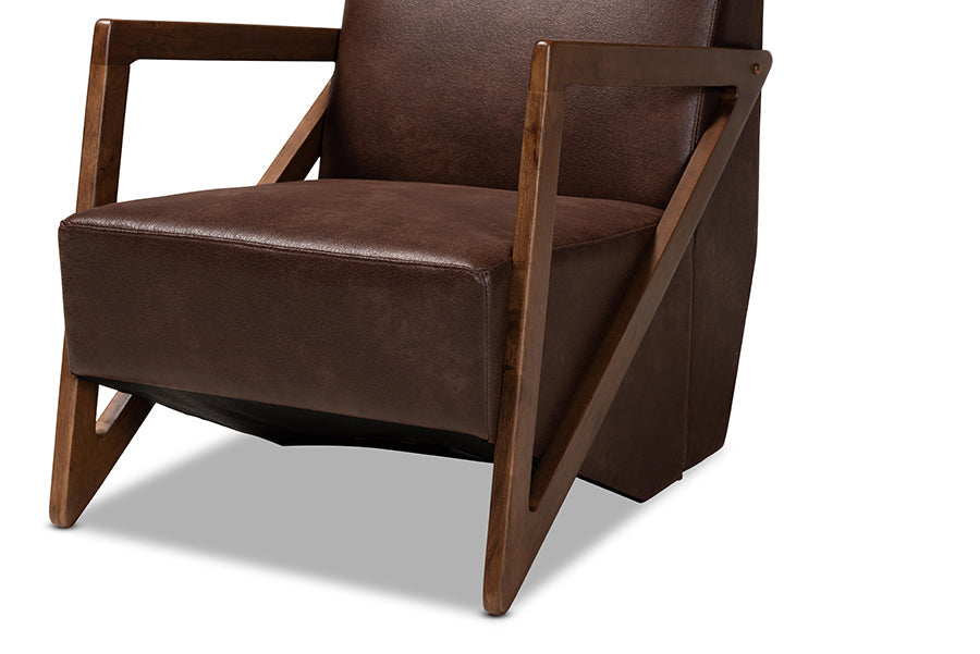 Baxton Studio Christa Mid-Century Modern Transitional Dark Brown Faux Leather Effect Fabric Upholstered and Walnut Brown Finished Wood Accent Chair