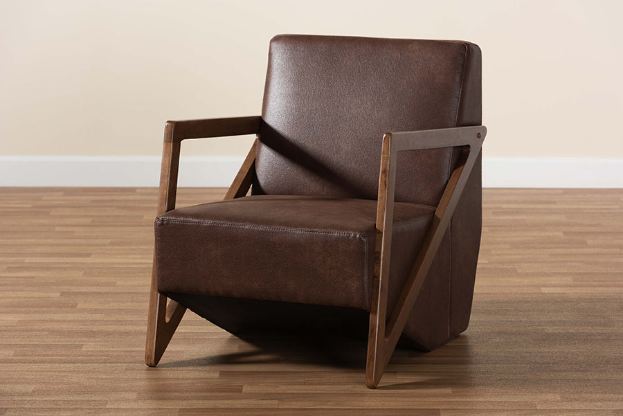 Baxton Studio Christa Mid-Century Modern Transitional Dark Brown Faux Leather Effect Fabric Upholstered and Walnut Brown Finished Wood Accent Chair