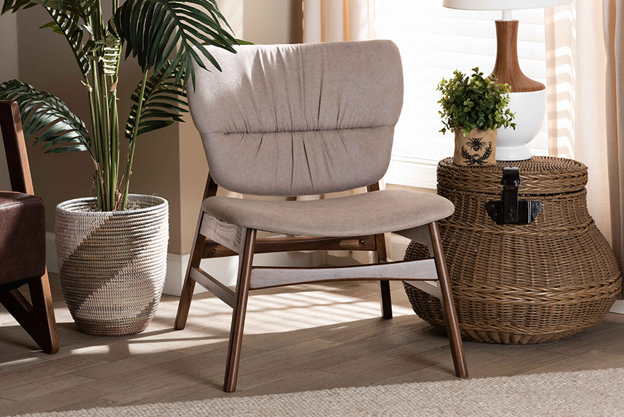 Baxton Studio Benito Mid-Century Modern Transitional Beige Fabric Upholstered and Walnut Brown Finished Wood Accent Chair