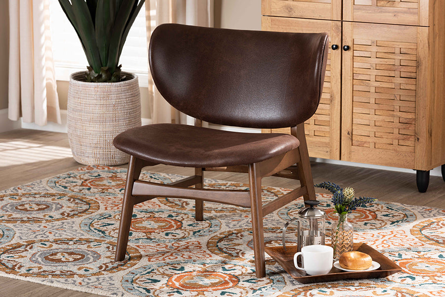 Baxton Studio Marcos Mid-Century Modern Dark Brown Faux Leather Effect and Walnut Brown Finished Wood Living Room Accent Chair