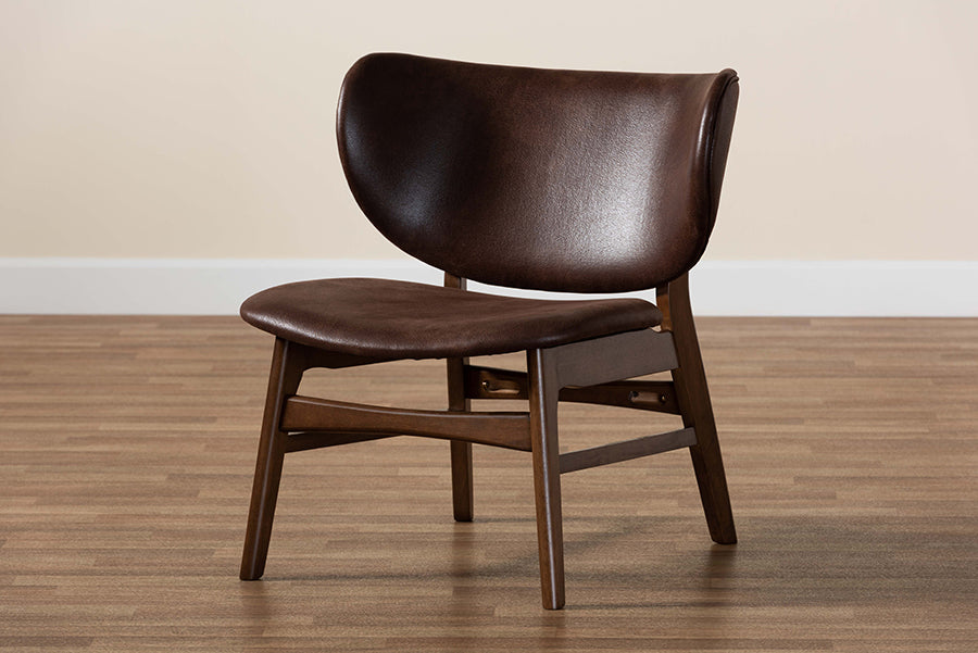 Baxton Studio Marcos Mid-Century Modern Dark Brown Faux Leather Effect and Walnut Brown Finished Wood Living Room Accent Chair