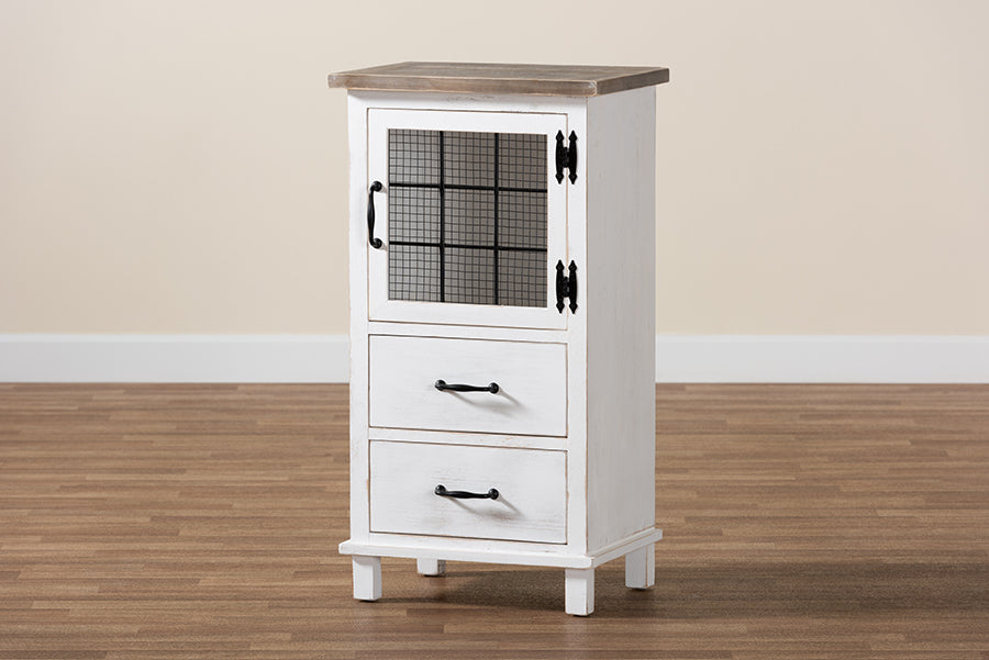 Baxton Studio Faron Classic and Traditional Farmhouse Two-Tone Distressed White and Oak Brown Finished Wood 2-Drawer Storage Cabinet