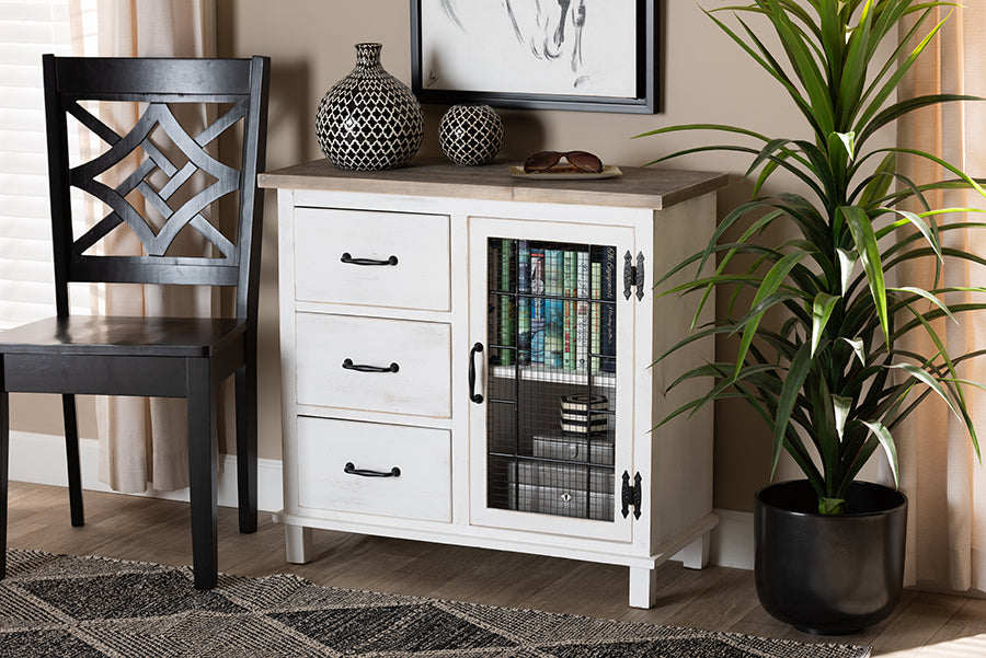 Baxton Studio Faron Classic and Traditional Farmhouse Two-Tone Distressed White and Oak Brown Finished Wood 3-Drawer Storage Cabinet