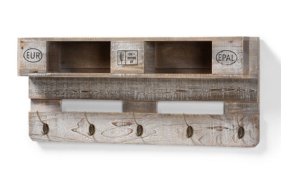 Baxton Studio Ferguson Vintage Rustic Whitewashed Grey Oak Finished Wood Wall Mounted Coat Rack with Shelves