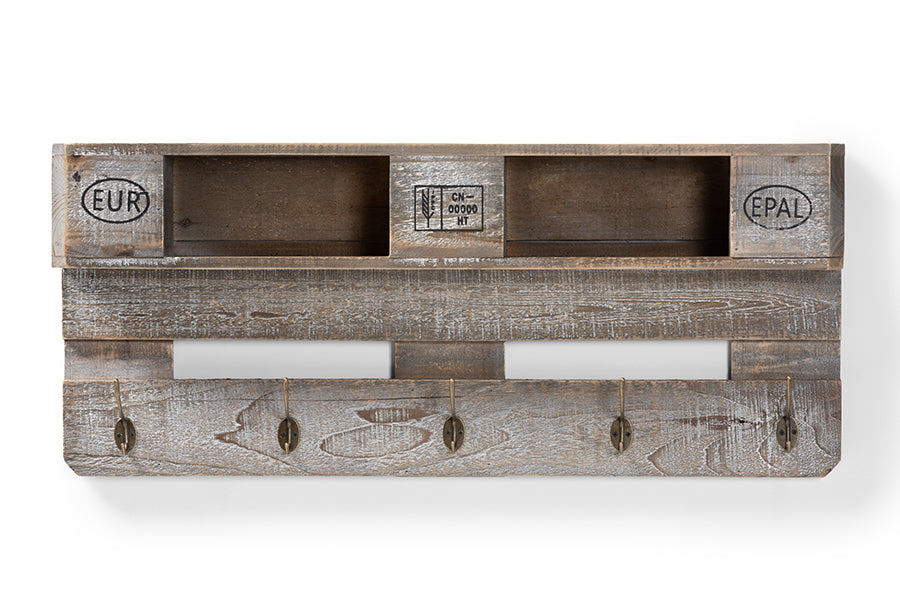 Baxton Studio Ferguson Vintage Rustic Whitewashed Grey Oak Finished Wood Wall Mounted Coat Rack with Shelves