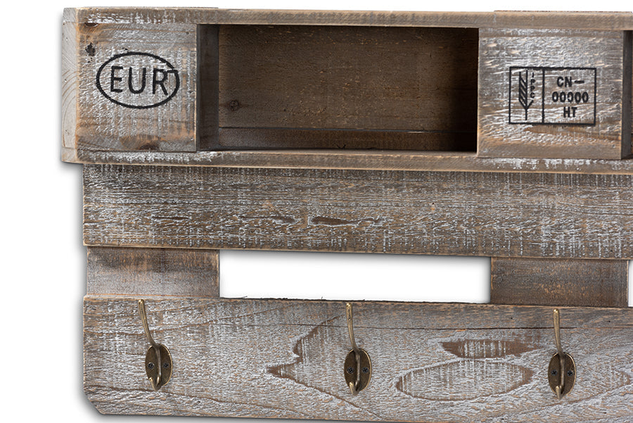 Baxton Studio Ferguson Vintage Rustic Whitewashed Grey Oak Finished Wood Wall Mounted Coat Rack with Shelves