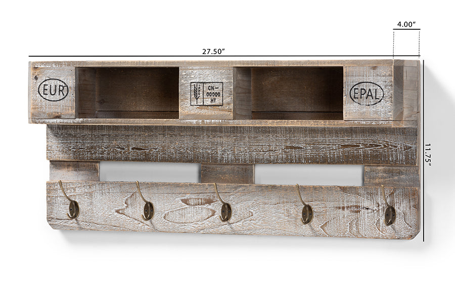 Baxton Studio Ferguson Vintage Rustic Whitewashed Grey Oak Finished Wood Wall Mounted Coat Rack with Shelves