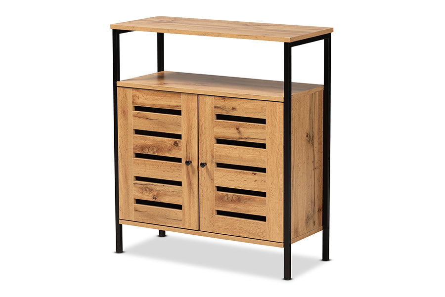 Baxton Studio Vander Modern and Contemporary Oak Brown Finished Wood and Black Metal 2-Door Shoe Cabinet