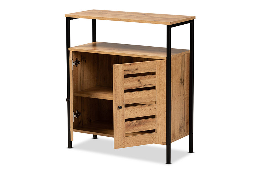Baxton Studio Vander Modern and Contemporary Oak Brown Finished Wood and Black Metal 2-Door Shoe Cabinet