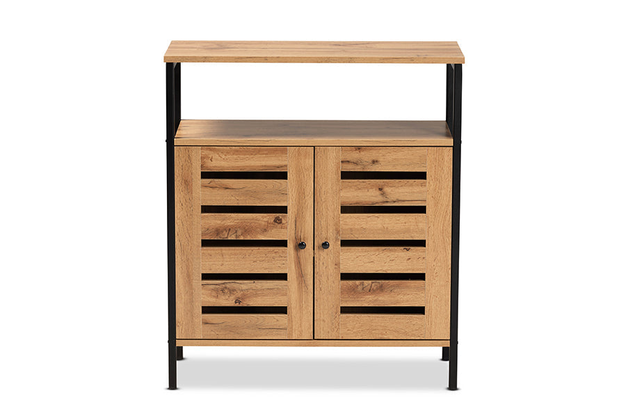 Baxton Studio Vander Modern and Contemporary Oak Brown Finished Wood and Black Metal 2-Door Shoe Cabinet